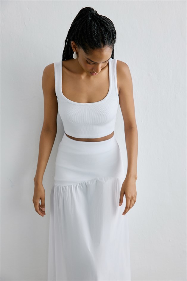 Square Neck Thick Strap White Crop Blouse