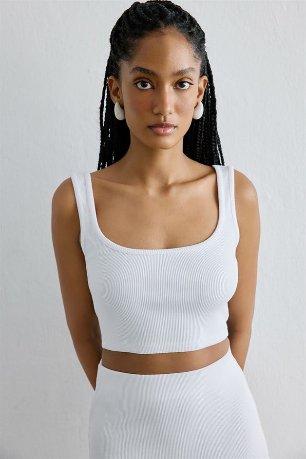 Square Neck Thick Strap White Crop Blouse