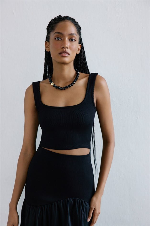 Square Neck Thick Strap Black Crop Blouse
