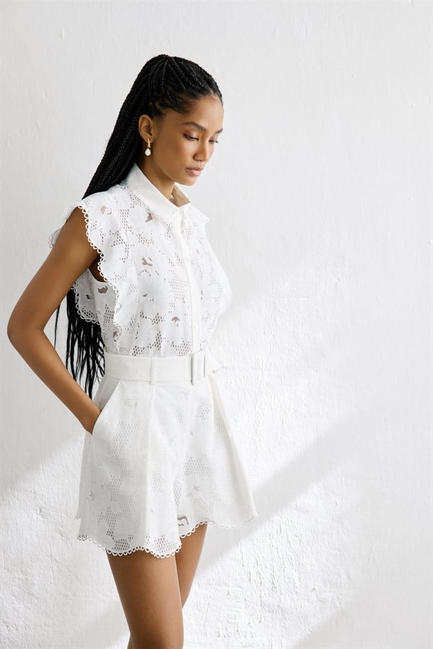 Pleated High Waist Cotton White Shorts