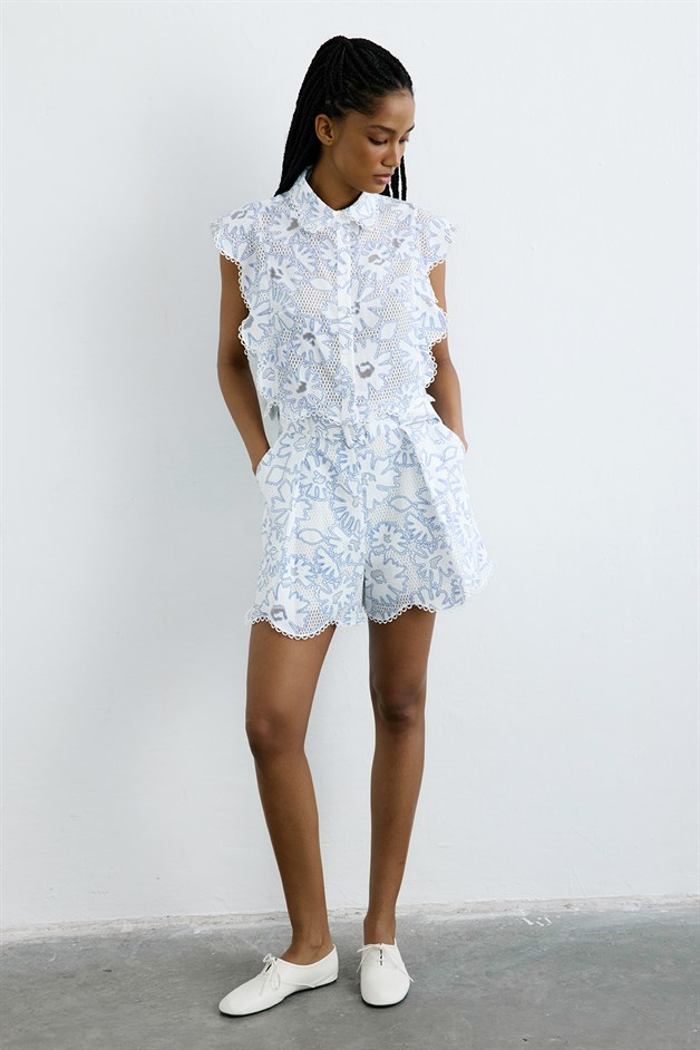 Pleated High Waist Cotton Blue Shorts