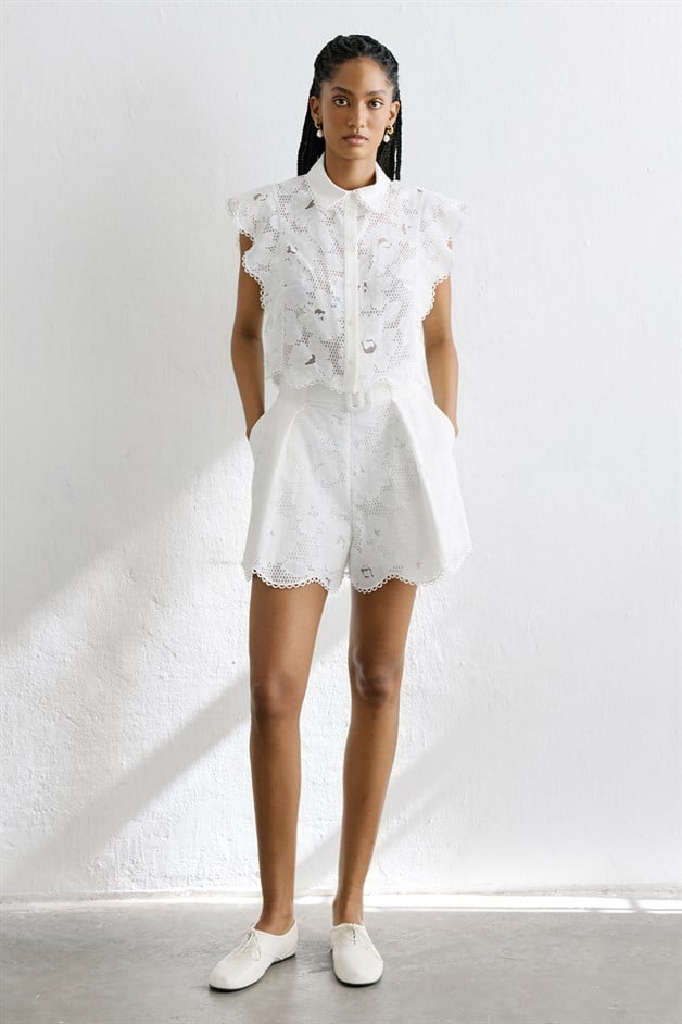 Pleated High Waist Cotton White Shorts
