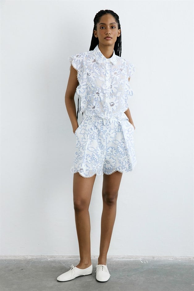 Pleated High Waist Cotton Blue Shorts