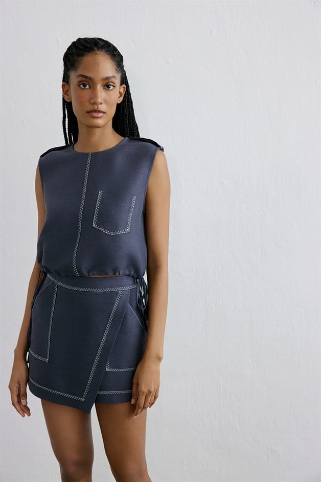 Linen Blend High Waist Indigo Shorts