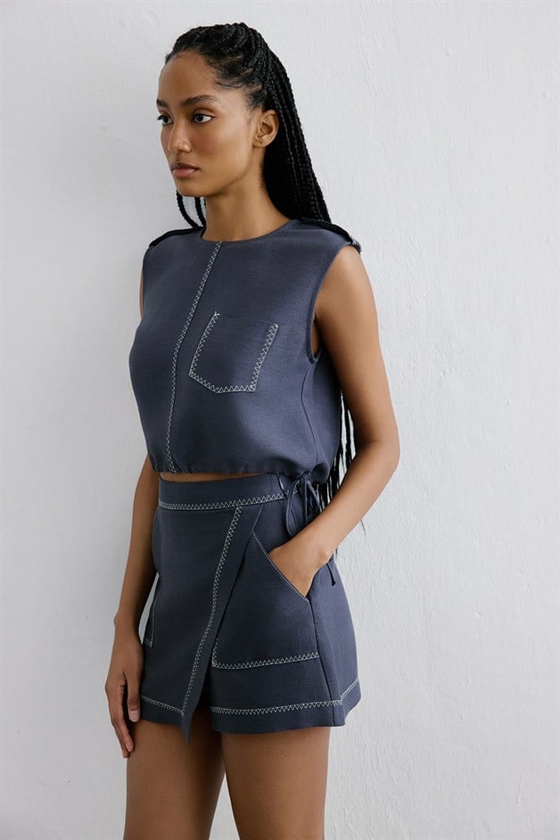 Linen Blend High Waist Indigo Shorts