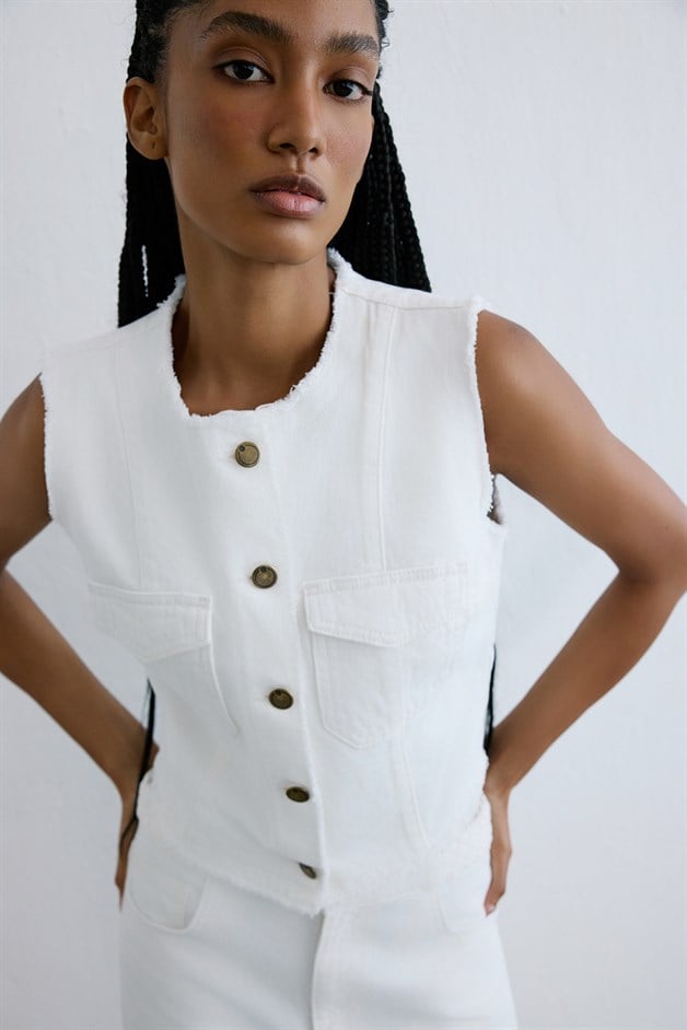 Crew Neck Fringed Denim Ecru Jacket