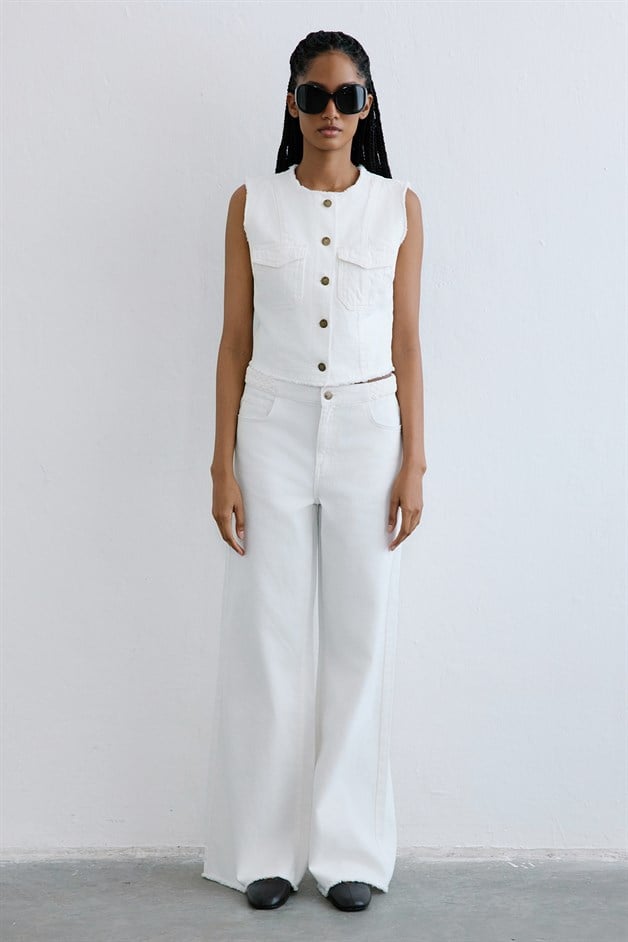 Crew Neck Fringed Denim Ecru Jacket