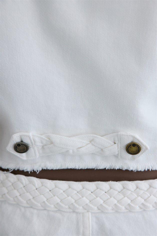 Crew Neck Fringed Denim Ecru Jacket