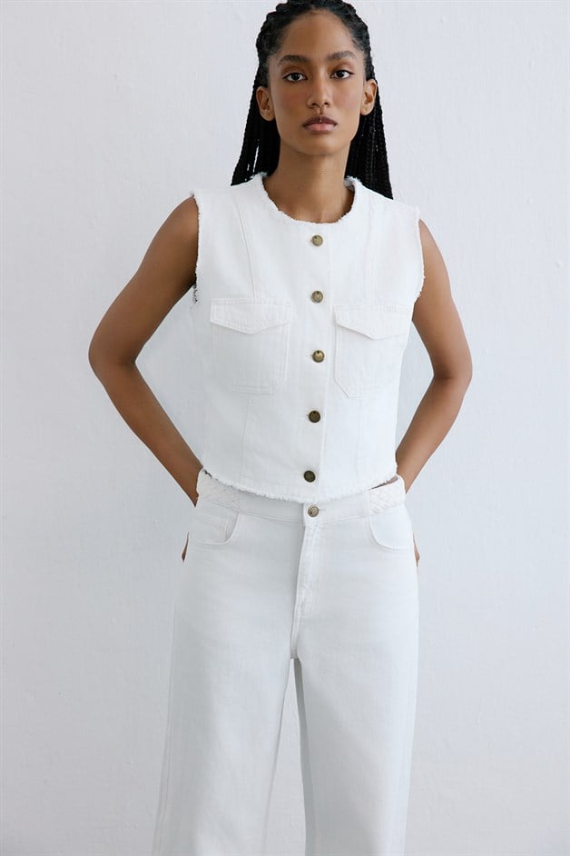 Crew Neck Fringed Denim Ecru Jacket