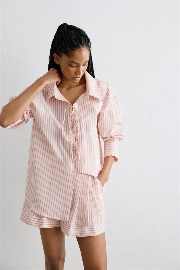 Striped Lace Up Detailed Powder Tunic Shirt