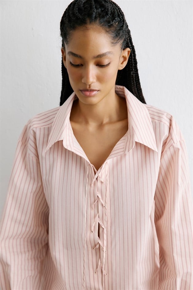 Striped Lace Up Detailed Powder Tunic Shirt