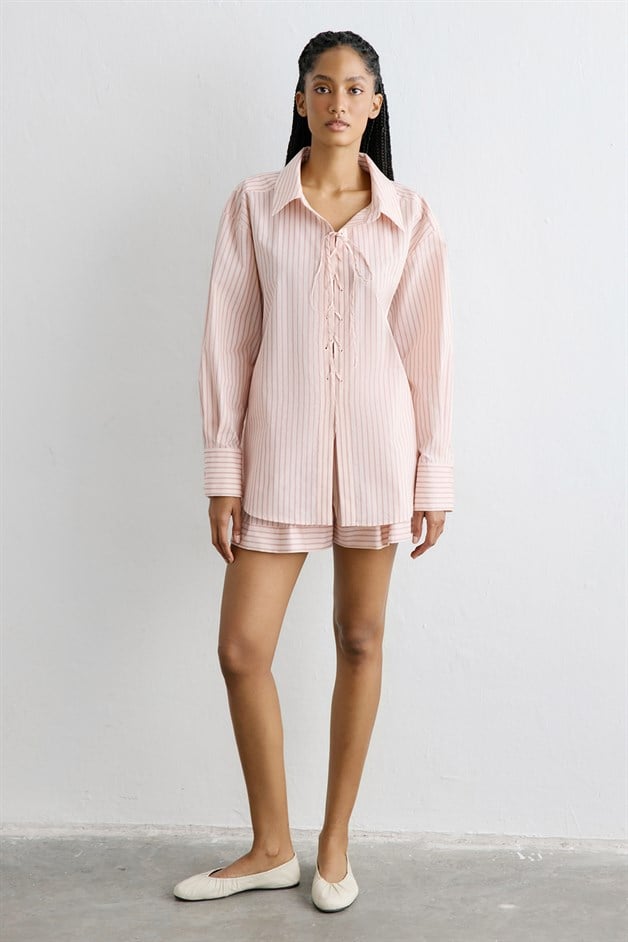 Striped Lace Up Detailed Powder Tunic Shirt