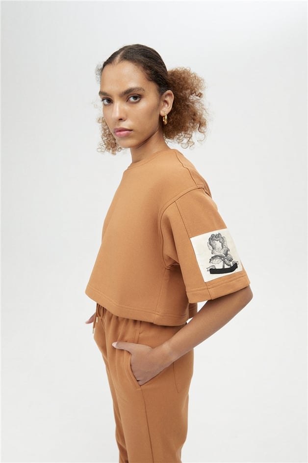 Camel Geniş Kesim Crop T-Shirt