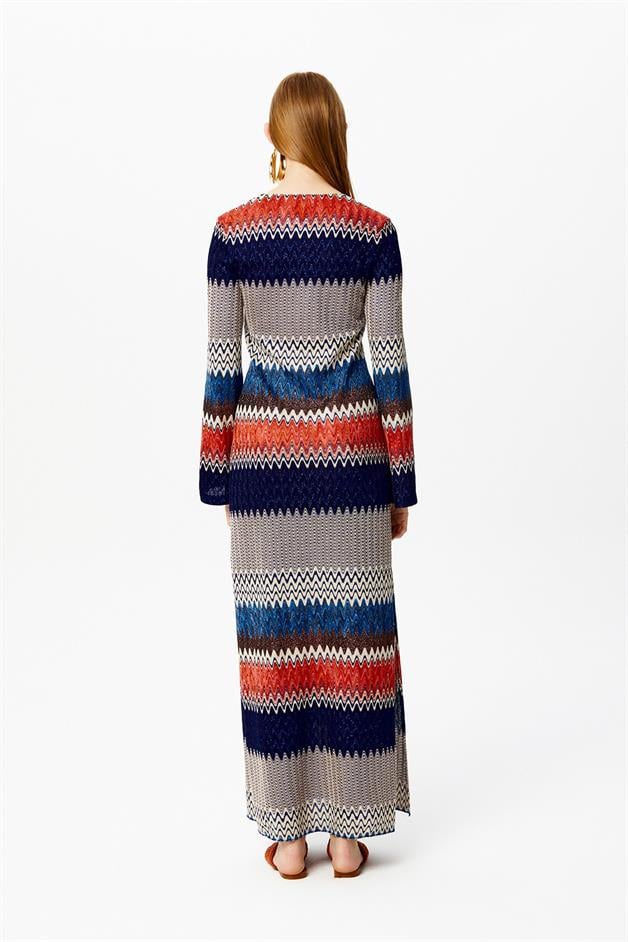 Çok Renkli Zikzak Desenli Lacivert Elbise