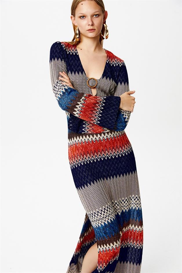 Çok Renkli Zikzak Desenli Lacivert Elbise