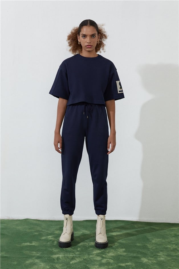 Lacivert Geniş Kesim Crop T-Shirt