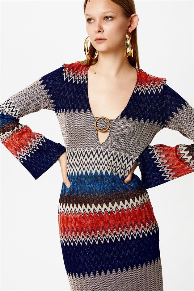 Çok Renkli Zikzak Desenli Lacivert Elbise