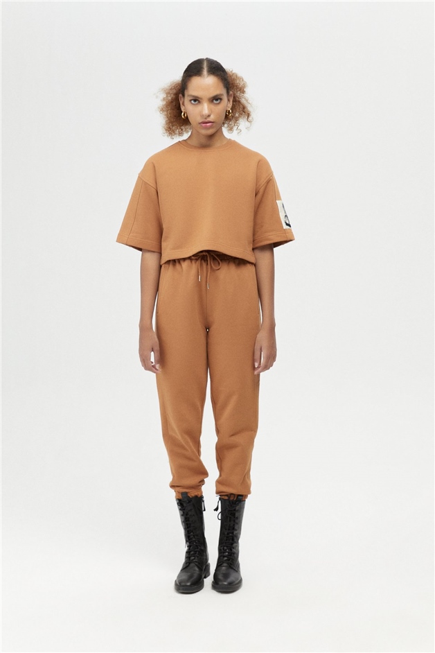Camel Geniş Kesim Crop T-Shirt