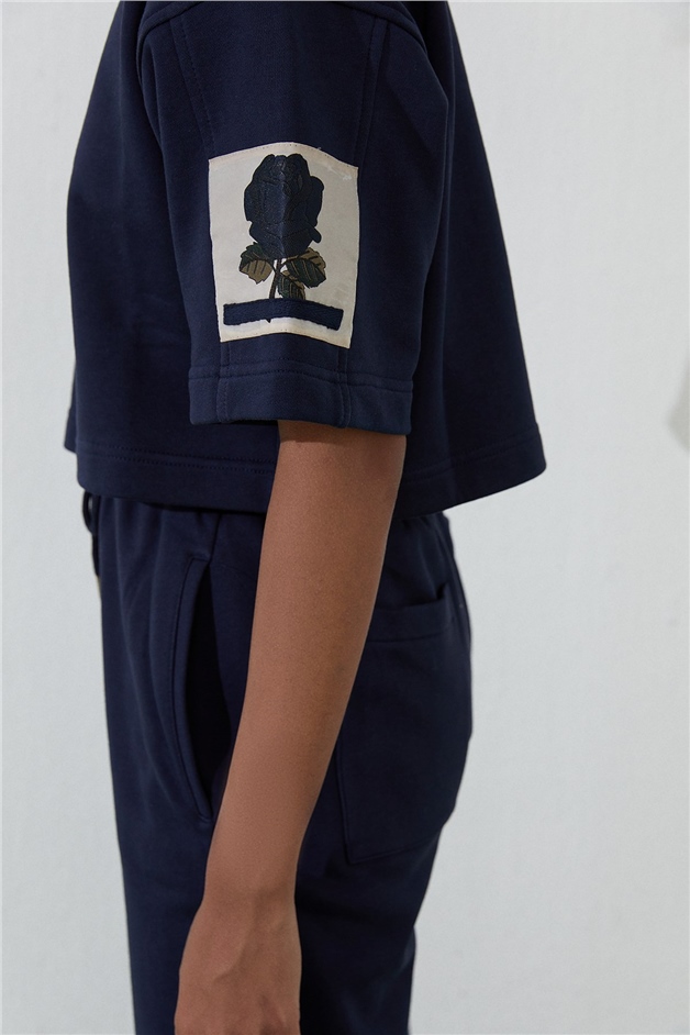Lacivert Geniş Kesim Crop T-Shirt