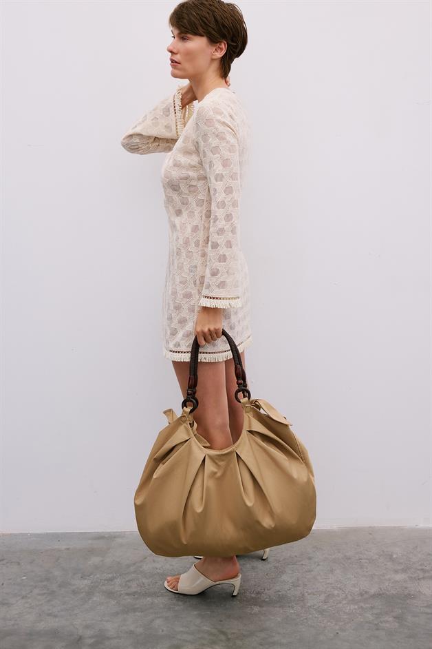 Wooden Handle Large Camel Bag