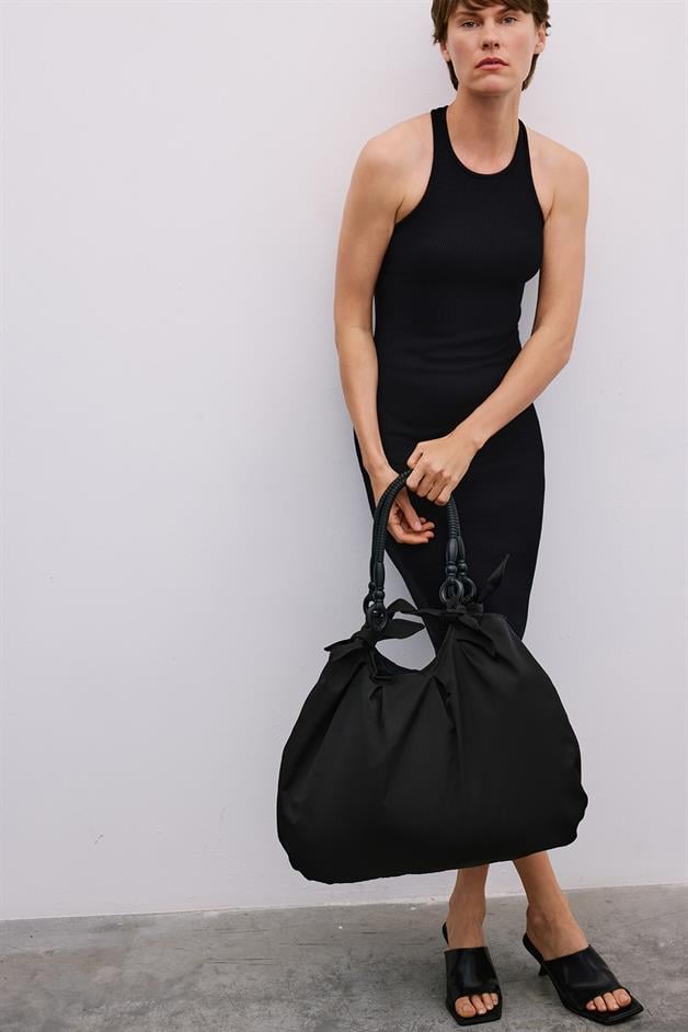 Wooden Handle Large Black Bag