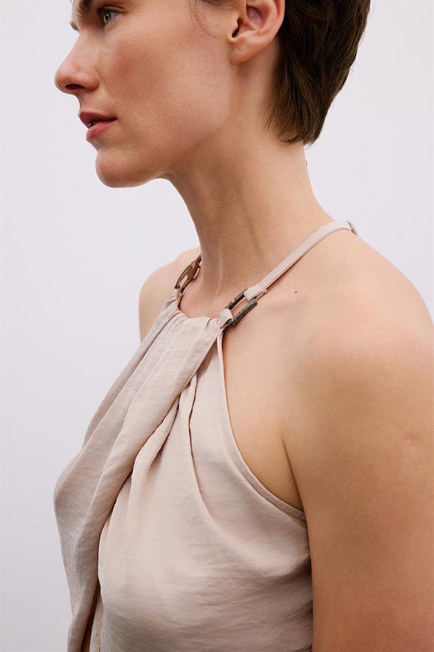 Accessory Detailed Halter Neck Beige Crop Blouse