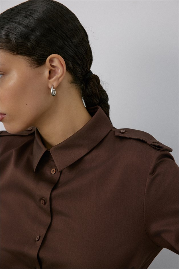 Epaulette Long Sleeve Crop Brown Shirt