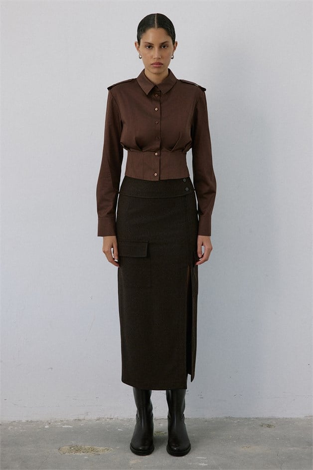 Epaulette Long Sleeve Crop Brown Shirt