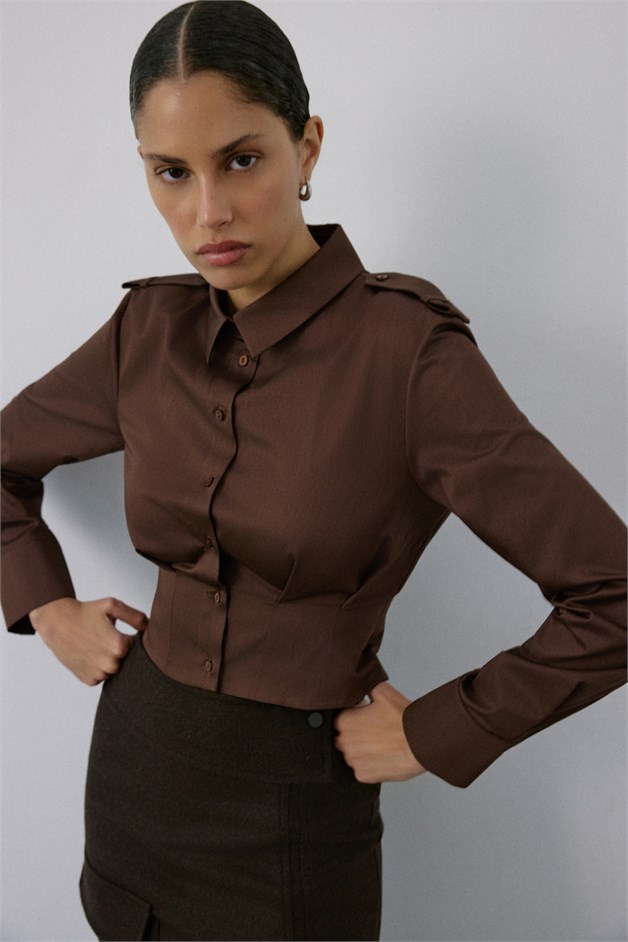 Epaulette Long Sleeve Crop Brown Shirt