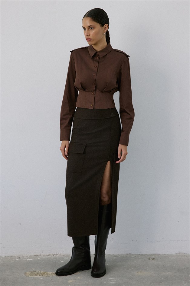 Epaulette Long Sleeve Crop Brown Shirt