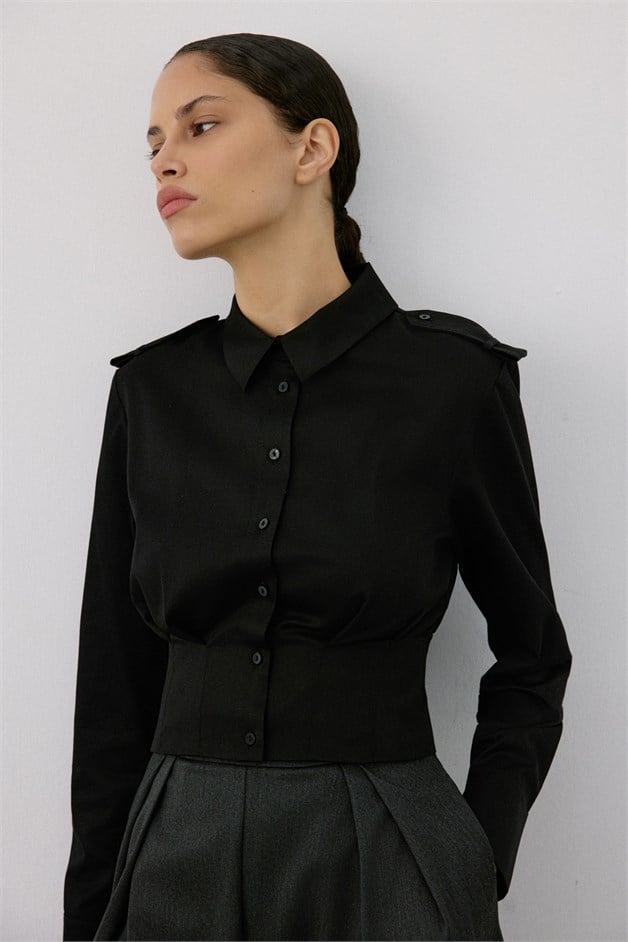 Epaulette Long Sleeve Crop Black Shirt