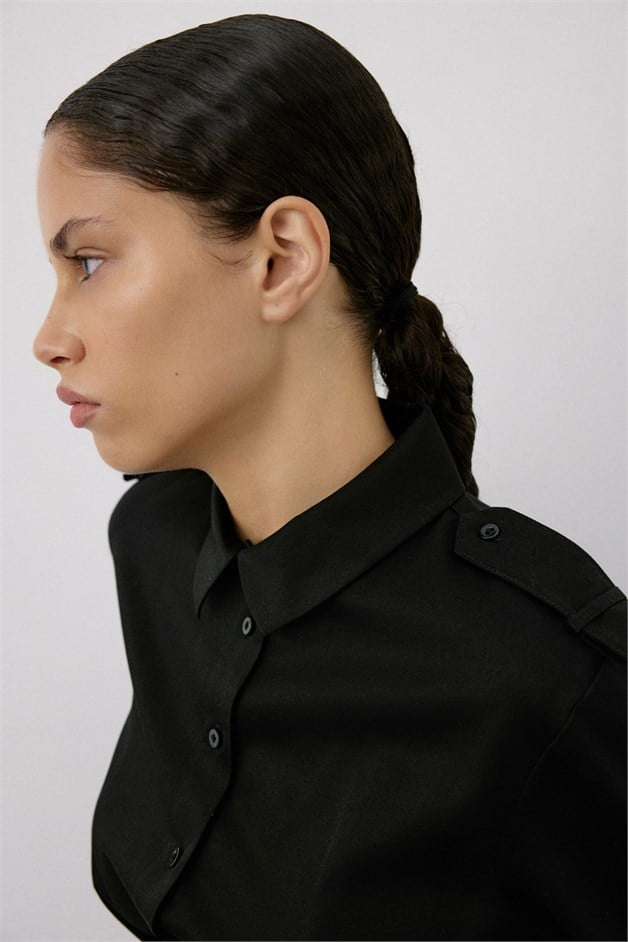 Epaulette Long Sleeve Crop Black Shirt