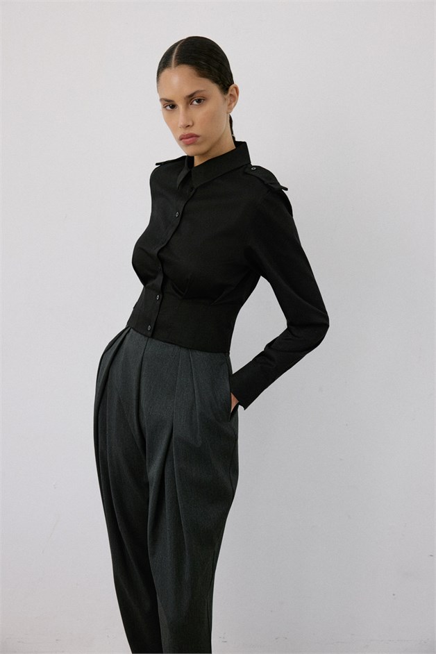 Epaulette Long Sleeve Crop Black Shirt