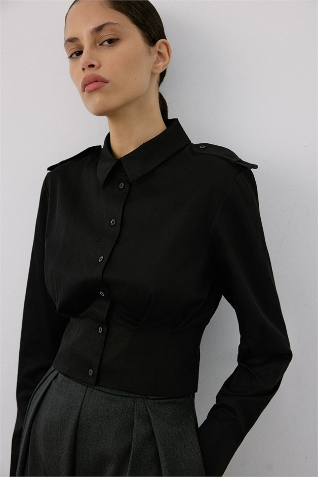 Epaulette Long Sleeve Crop Black Shirt