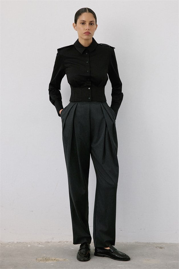Epaulette Long Sleeve Crop Black Shirt