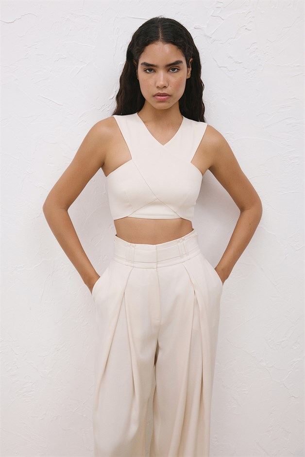 Back Zippered Double Breasted Crop Beige Bustier