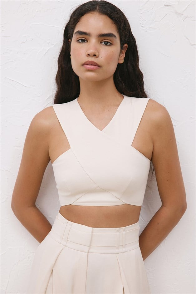 Back Zippered Double Breasted Crop Beige Bustier