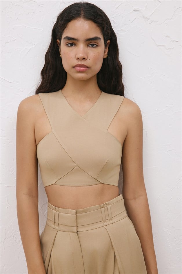 Arkadan Fermuarlı Kruvaze Crop Camel Büstiyer