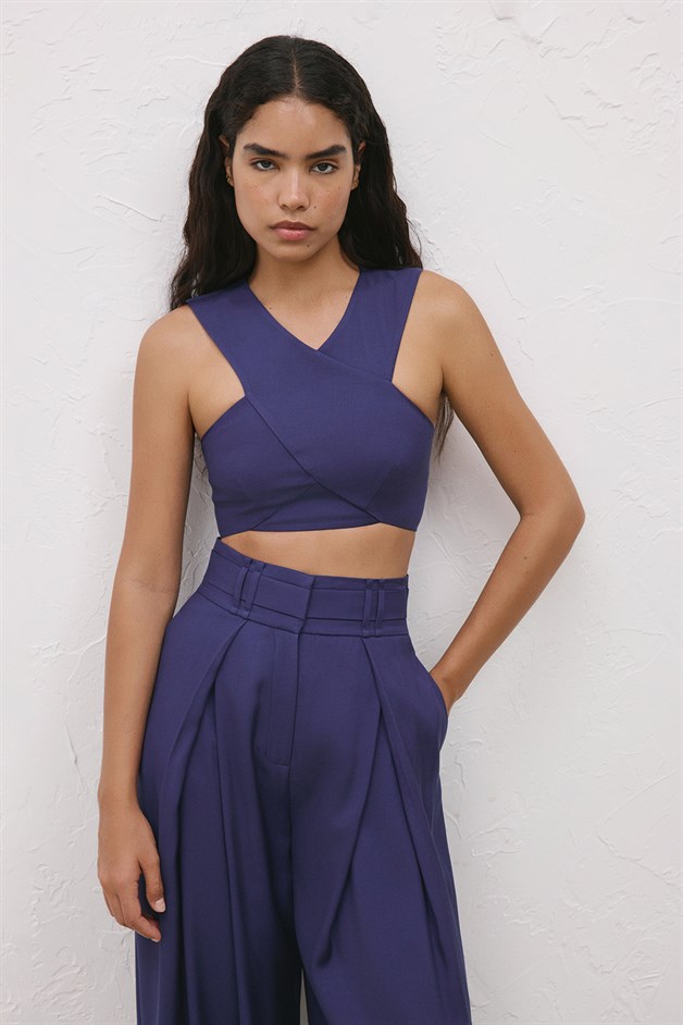 Back Zippered Double Breasted Crop Navy Blue Bustier