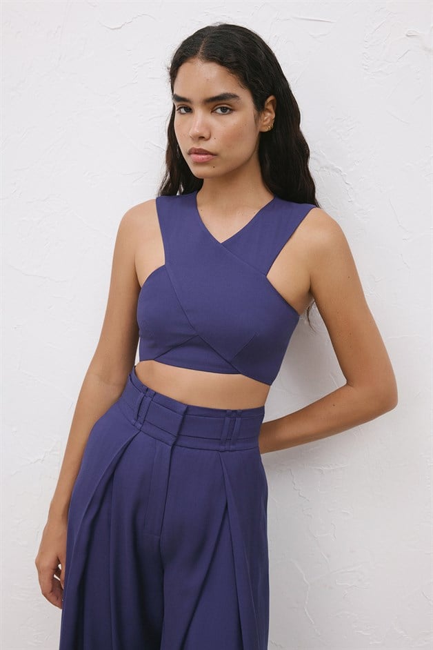 Back Zippered Double Breasted Crop Navy Blue Bustier