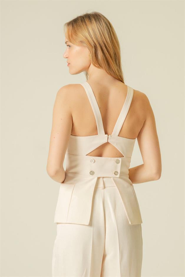 Back Button Detail Strappy Ecru Blouse