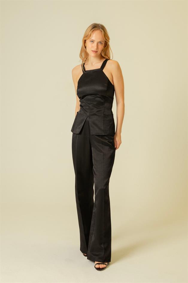 Back Button Detail Strappy Black Blouse