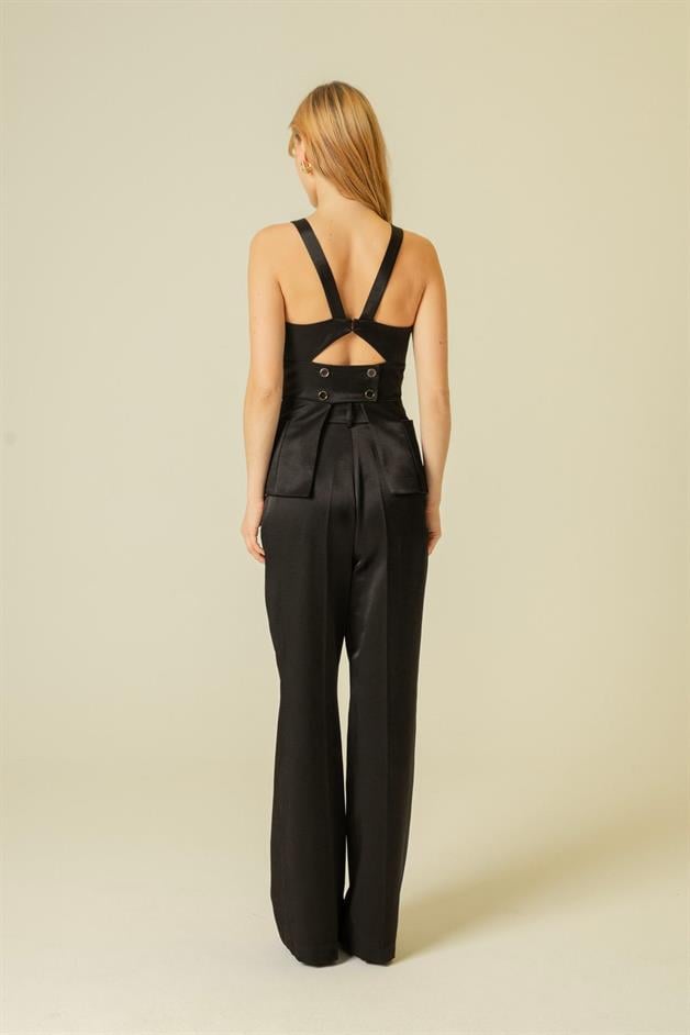 Back Button Detail Strappy Black Blouse