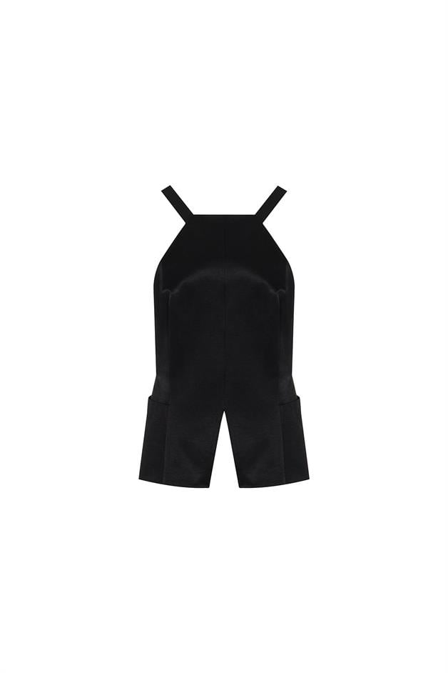Back Button Detail Strappy Black Blouse