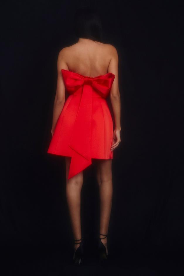 Arkası Fiyonk Detaylı Kırmızı Mini Elbise