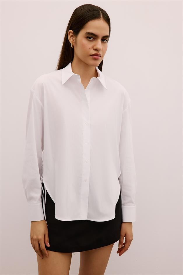 Asymmetric Tie-Front Long White Shirt