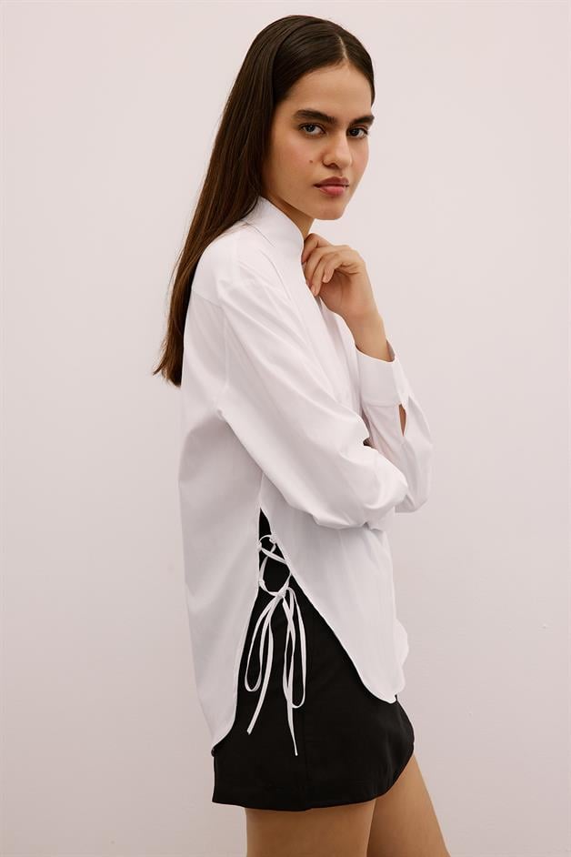 Asymmetric Tie-Front Long White Shirt