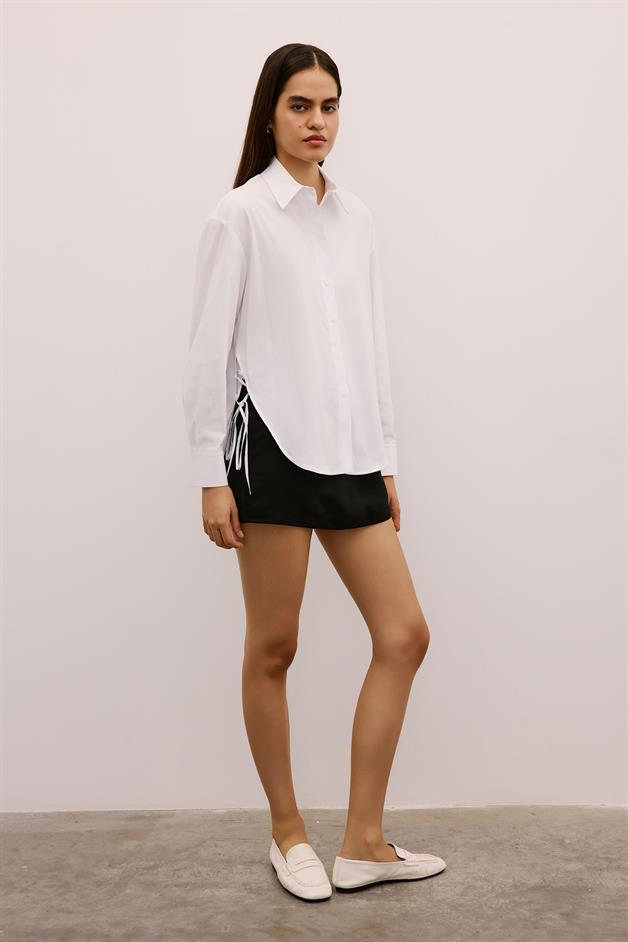 Asymmetric Tie-Front Long White Shirt