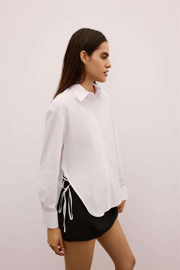 Asymmetric Tie-Front Long White Shirt