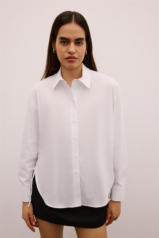 Asymmetric Tie-Front Long White Shirt